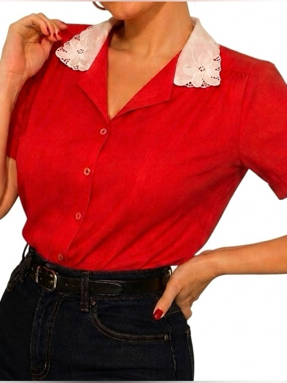 Vintage Pinup Blouse Red Rockabilly Short Sleeve Shirt Embroidered Button Up XL